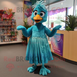 Turquoise Gosling mascot costume character dressed with a Maxi Dress and Hairpins