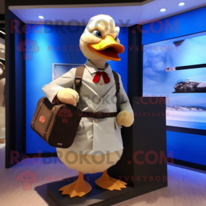 Beige Muscovy Duck mascot costume character dressed with a Suit and Messenger bags