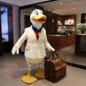 Beige Muscovy Duck mascot costume character dressed with a Suit and Messenger bags