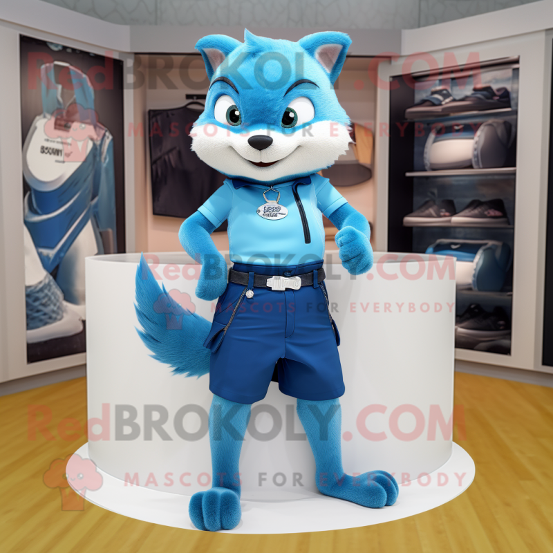 Blue Marten mascot costume character dressed with a Mini Skirt and Belts Blue Marten mascot costume character dressed with a Mini Skirt and Belts