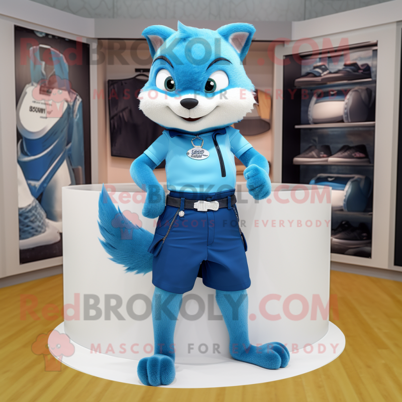 Blue Marten mascot costume character dressed with a Mini Skirt and Belts