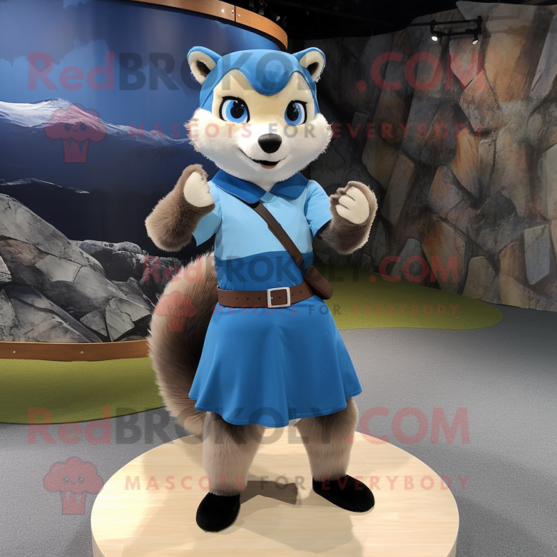 Blue Marten mascot costume character dressed with a Mini Skirt and Belts Blue Marten mascot costume character dressed with a Mini Skirt and Belts