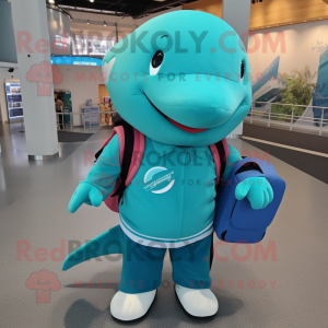 Teal Whale mascot costume character dressed with a Polo Shirt and Backpacks