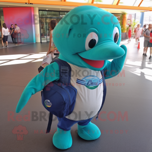 Teal Whale mascot costume character dressed with a Polo Shirt and Backpacks