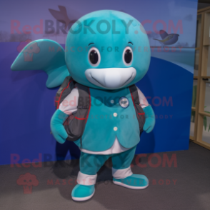 Teal Whale mascot costume character dressed with a Polo Shirt and Backpacks
