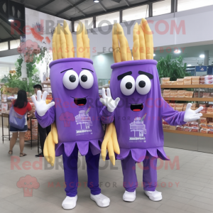 Lavender French Fries mascot costume character dressed with a Long Sleeve Tee and Messenger bags