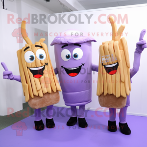 Lavender French Fries mascot costume character dressed with a Long Sleeve Tee and Messenger bags