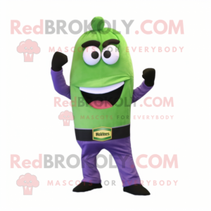 Green Eggplant mascot costume character dressed with a Skinny Jeans and Suspenders