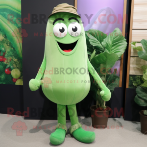 Green Eggplant mascot costume character dressed with a Skinny Jeans and Suspenders