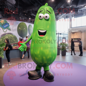 Green Eggplant mascot costume character dressed with a Skinny Jeans and Suspenders