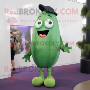 Green Eggplant mascot costume character dressed with a Skinny Jeans and Suspenders