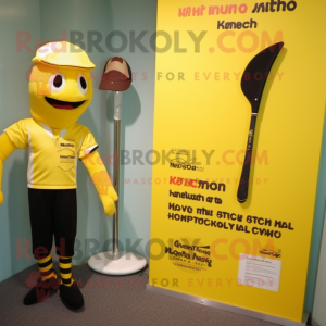 Yellow Knife Thrower mascot costume character dressed with a One-Piece Swimsuit and Berets