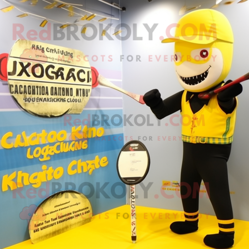 Yellow Knife Thrower mascot costume character dressed with a One-Piece Swimsuit and Berets Yellow Knife Thrower mascot costume character dressed with a One-Piece Swimsuit and Berets