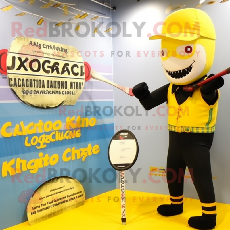 Yellow Knife Thrower mascot costume character dressed with a One-Piece Swimsuit and Berets