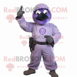 Lavender Special Air Service mascot costume character dressed with a Bodysuit and Gloves