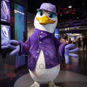 Purple Albatross mascot costume character dressed with a Jeans and Beanies