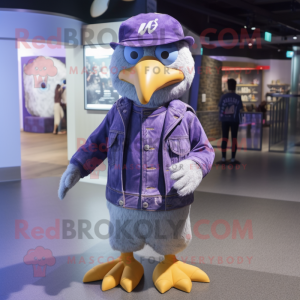 Purple Albatross mascot costume character dressed with a Jeans and Beanies