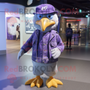 Purple Albatross mascot costume character dressed with a Jeans and Beanies