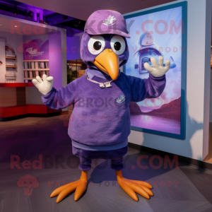 Purple Albatross mascot costume character dressed with a Jeans and Beanies