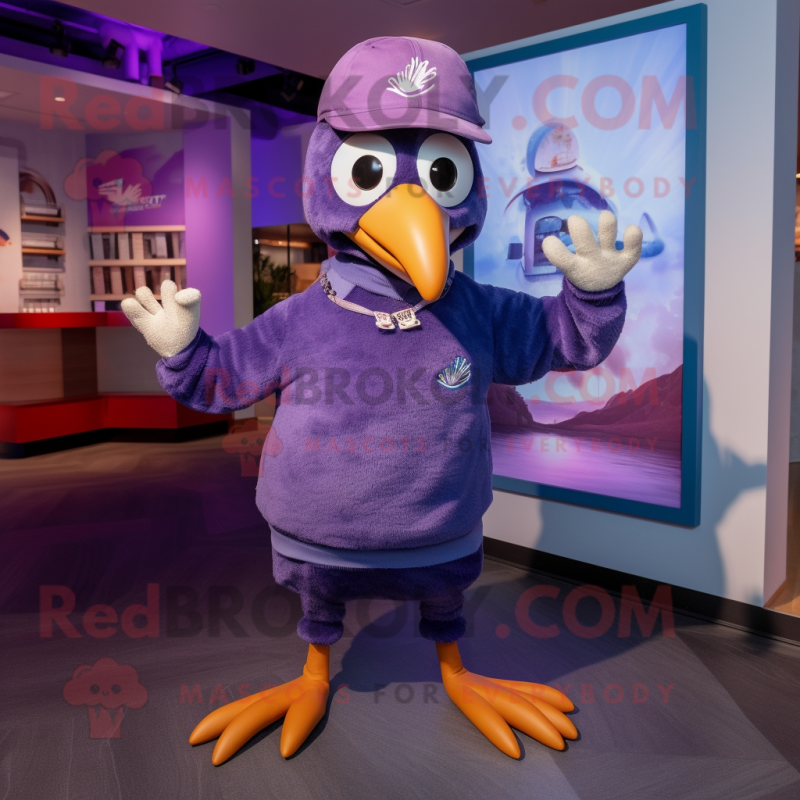 Purple Albatross mascot costume character dressed with a Jeans and Beanies Purple Albatross mascot costume character dressed with a Jeans and Beanies