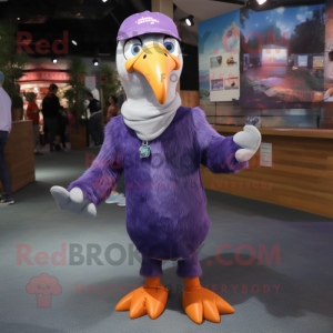 Purple Albatross mascot costume character dressed with a Jeans and Beanies