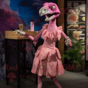 Pink Deinonychus mascot costume character dressed with a Cocktail Dress and Wallets