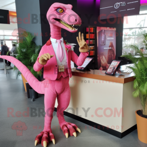 Pink Deinonychus mascot costume character dressed with a Cocktail Dress and Wallets