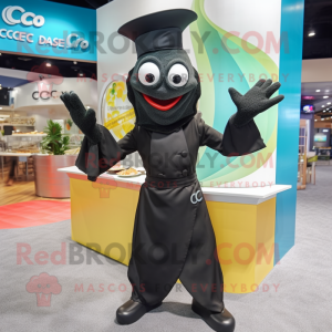 Black Ceviche mascot costume character dressed with a Suit Pants and Gloves