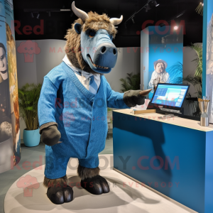 Blue Woolly Rhinoceros mascot costume character dressed with a Blouse and Ties