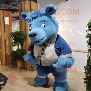 Blue Woolly Rhinoceros mascot costume character dressed with a Blouse and Ties