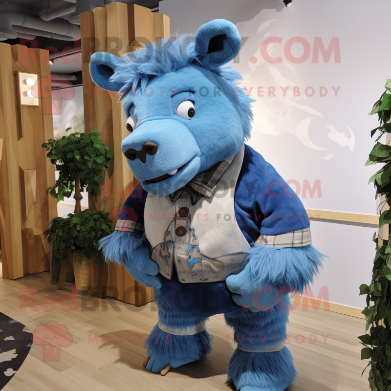 Blue Woolly Rhinoceros mascot costume character dressed with a Blouse and Ties