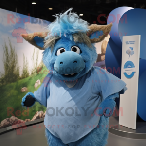 Blue Woolly Rhinoceros mascot costume character dressed with a Blouse and Ties