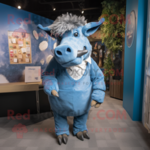 Blue Woolly Rhinoceros mascot costume character dressed with a Blouse and Ties