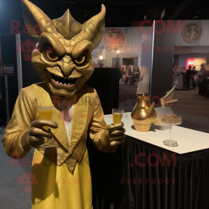 Gold Gargoyle mascot costume character dressed with a Cocktail Dress and Pocket squares