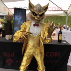 Gold Gargoyle mascot costume character dressed with a Cocktail Dress and Pocket squares