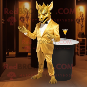 Gold Gargoyle mascot costume character dressed with a Cocktail Dress and Pocket squares