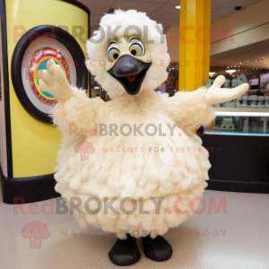 Cream Emu mascot costume character dressed with a Circle Skirt and Gloves