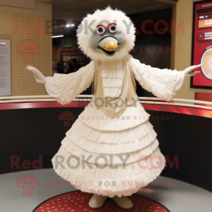Cream Emu mascot costume character dressed with a Circle Skirt and Gloves