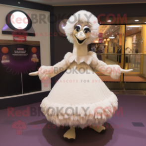 Cream Emu mascot costume character dressed with a Circle Skirt and Gloves