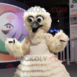 Cream Emu mascot costume character dressed with a Circle Skirt and Gloves