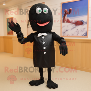 Black Lobster Bisque mascot costume character dressed with a Pencil Skirt and Lapel pins