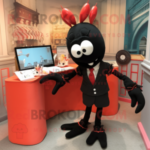Black Lobster Bisque mascot costume character dressed with a Pencil Skirt and Lapel pins