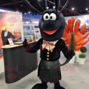 Black Lobster Bisque mascot costume character dressed with a Pencil Skirt and Lapel pins