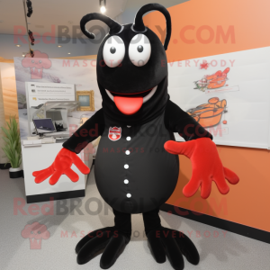 Black Lobster Bisque mascot costume character dressed with a Pencil Skirt and Lapel pins