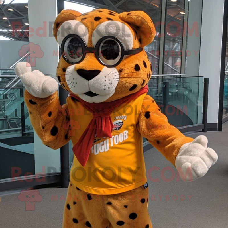 Rust Cheetah mascot costume character dressed with a Windbreaker and Reading glasses