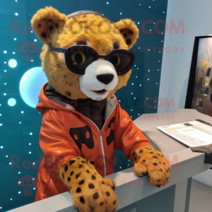 Rust Cheetah mascot costume character dressed with a Windbreaker and Reading glasses