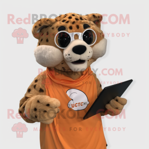 Rust Cheetah mascot costume character dressed with a Windbreaker and Reading glasses