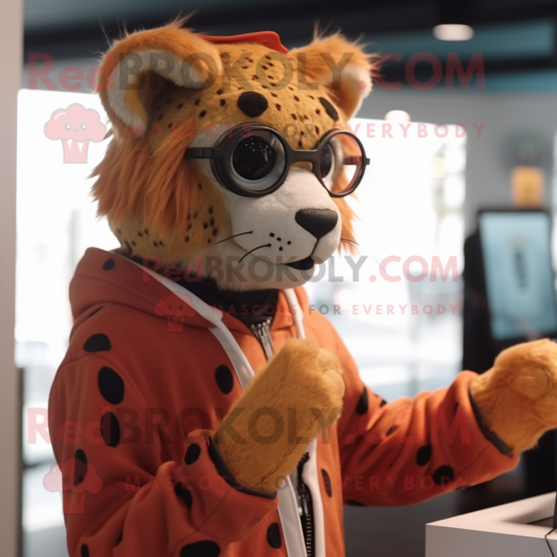 Rust Cheetah mascot costume character dressed with a Windbreaker and Reading glasses