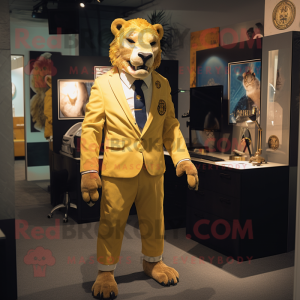 Gold Smilodon mascot costume character dressed with a Suit and Belts