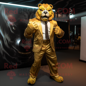 Gold Smilodon mascot costume character dressed with a Suit and Belts